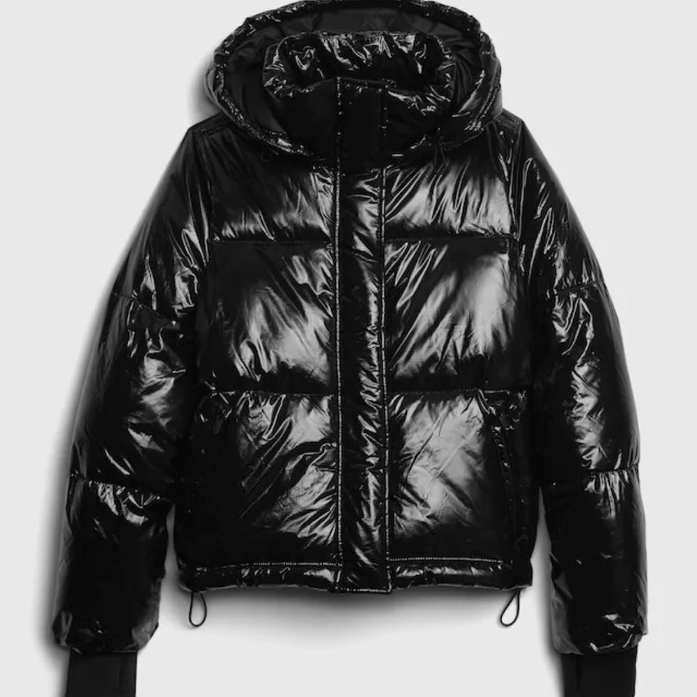 Black shiny upcycled midweight puffer jacket